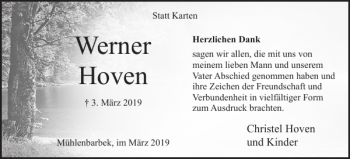 Traueranzeige von Werner Hoven von Norddeutsche Rundschau