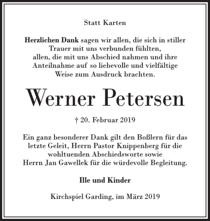  Traueranzeige für Werner Petersen vom 30.03.2019 aus Husumer Nachrichten
