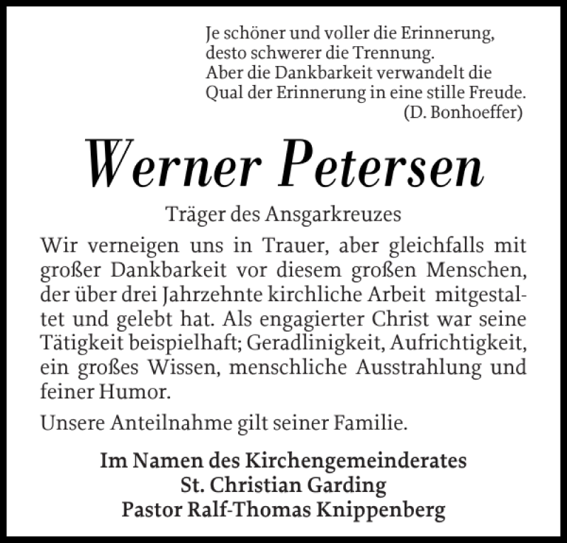  Traueranzeige für Werner Petersen vom 04.03.2019 aus Husumer Nachrichten