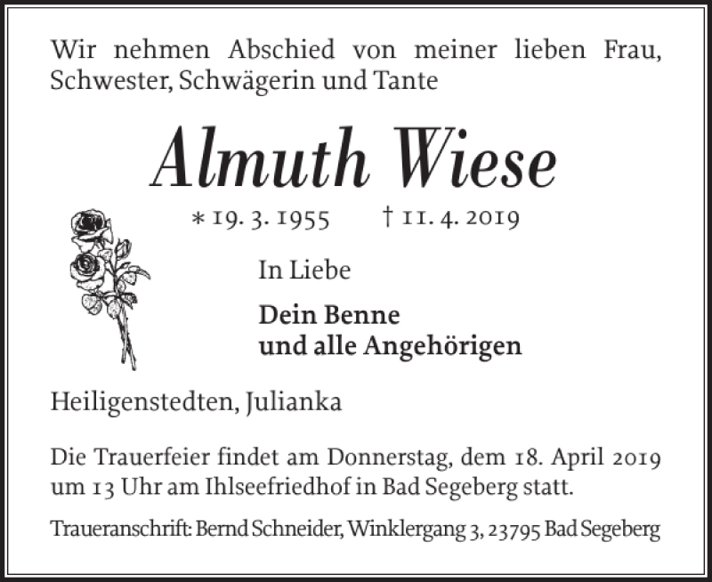  Traueranzeige für Almuth Wiese vom 16.04.2019 aus Norddeutsche Rundschau