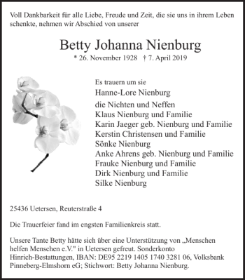 Traueranzeige von Betty Johanna Nienburg von Uetersener Nachrichten