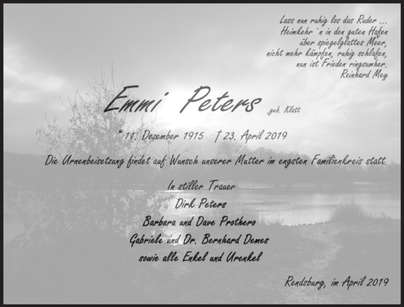  Traueranzeige für Emmi Peters vom 27.04.2019 aus Landeszeitung