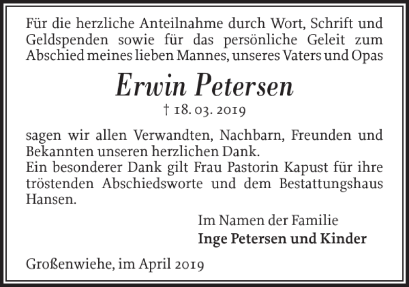  Traueranzeige für Erwin Petersen vom 27.04.2019 aus Flensburger Tageblatt