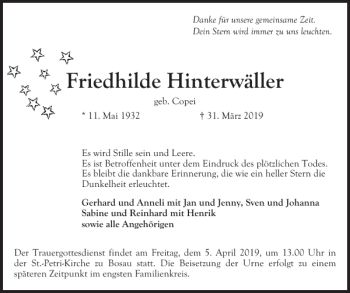 Traueranzeige von Friedhilde Hinterwäller von Ostholsteiner Anzeiger