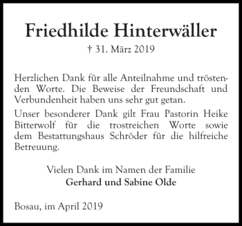 Traueranzeige von Friedhilde Hinterwäller von Ostholsteiner Anzeiger