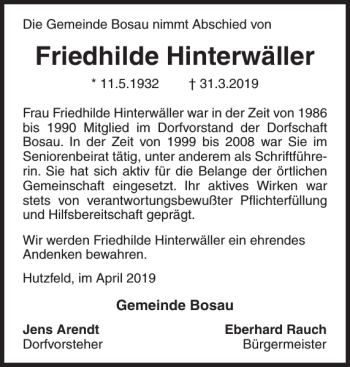 Traueranzeige von Friedhilde Hinterwäller von Ostholsteiner Anzeiger