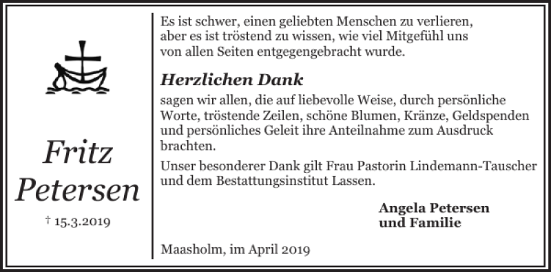  Traueranzeige für Fritz Petersen vom 13.04.2019 aus Schlei-Bote