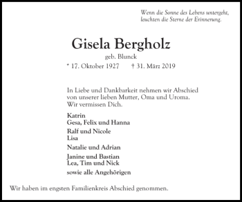 Traueranzeige von Gisela Bergholz von Ostholsteiner Anzeiger