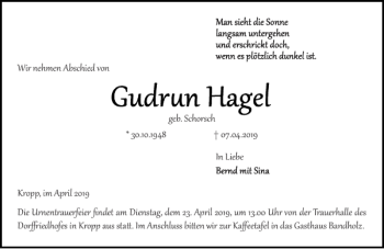 Traueranzeige von Gudrun Hagel von Landeszeitung