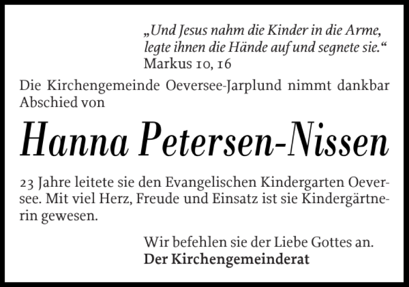  Traueranzeige für Hanna Petersen-Nissen vom 15.04.2019 aus Flensburger Tageblatt