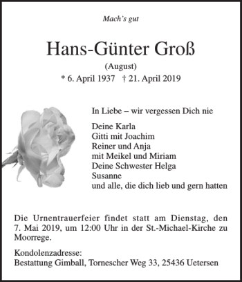 Traueranzeige von Hans-Günter Groß von Uetersener Nachrichten