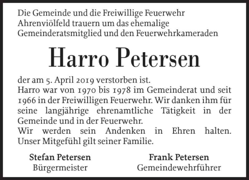  Traueranzeige für Harro Petersen vom 12.04.2019 aus Husumer Nachrichten