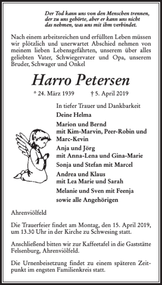  Traueranzeige für Harro Petersen vom 09.04.2019 aus Flensburger Tageblatt