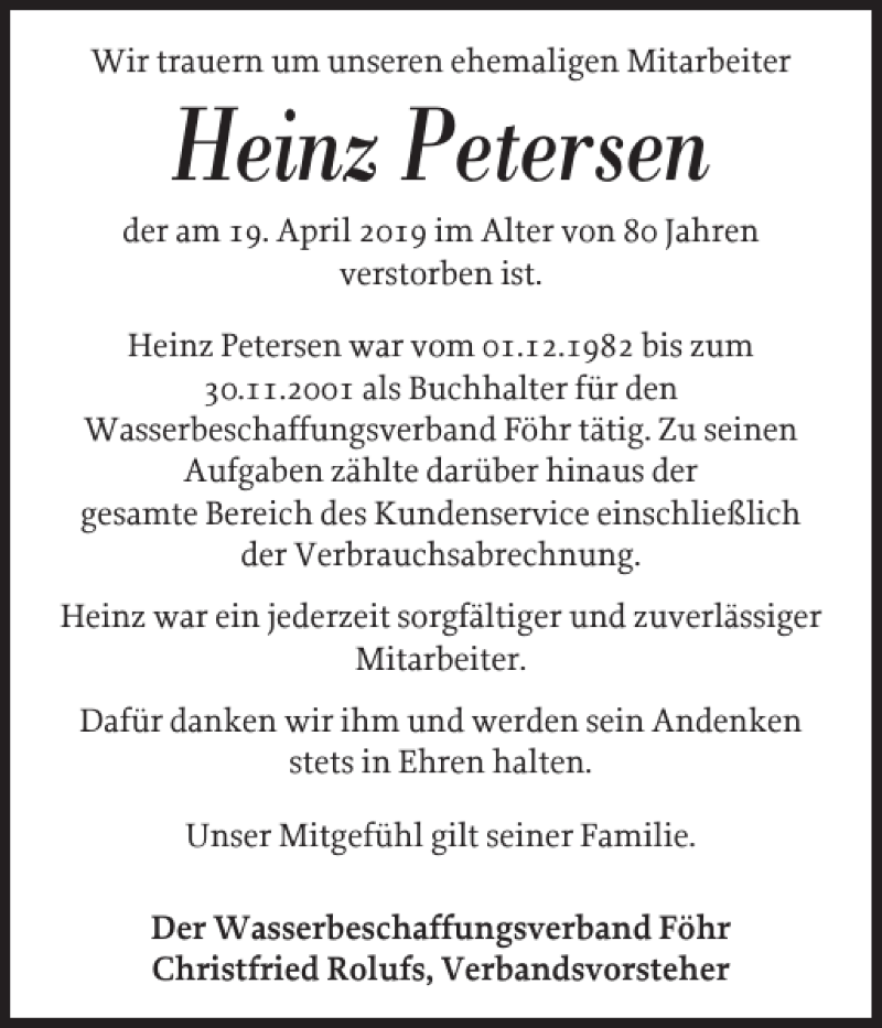  Traueranzeige für Heinz Petersen vom 26.04.2019 aus Der Insel-Bote