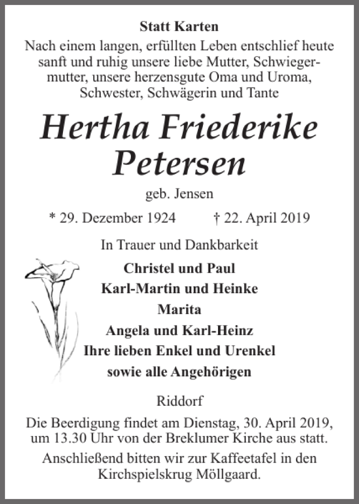  Traueranzeige für Hertha Friederike Petersen vom 25.04.2019 aus Flensburger Tageblatt