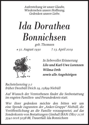Traueranzeige von Ida Dorathea Bonnichsen von Flensburger Tageblatt