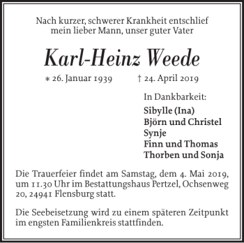 Traueranzeige von Karl-Heinz Weede von Flensburger Tageblatt
