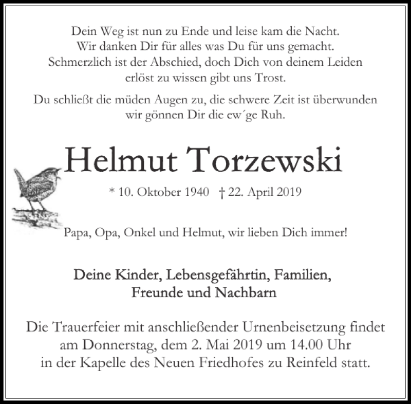  Traueranzeige für Mai um der Friedhofes zu Reinfeld  vom 27.04.2019 aus Stormarner Tageblatt