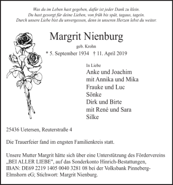 Traueranzeige von Margrit Nienburg von Uetersener Nachrichten