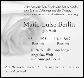 Traueranzeige von Marie-Luise Berlin von Elmshorner Nachrichten