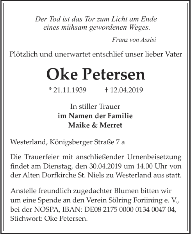  Traueranzeige für Oke Petersen vom 23.04.2019 aus Sylter Rundschau