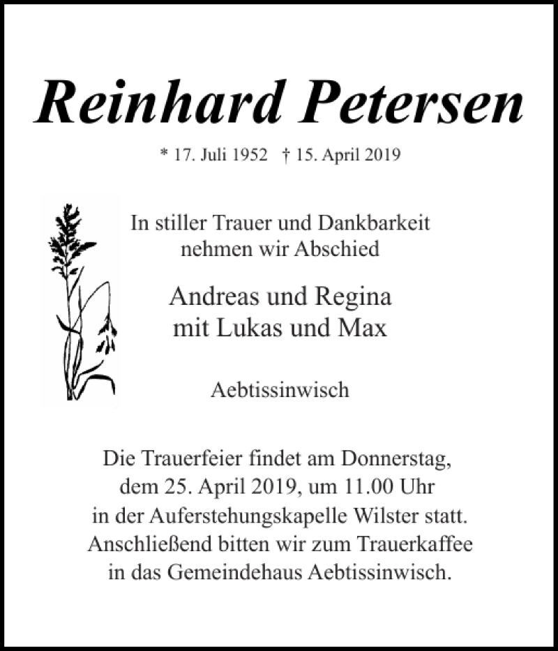 Traueranzeige für Reinhard Petersen vom 20.04.2019 aus Norddeutsche Rundschau