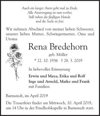 Traueranzeige von Rena Bredehorn von Elmshorner Nachrichten