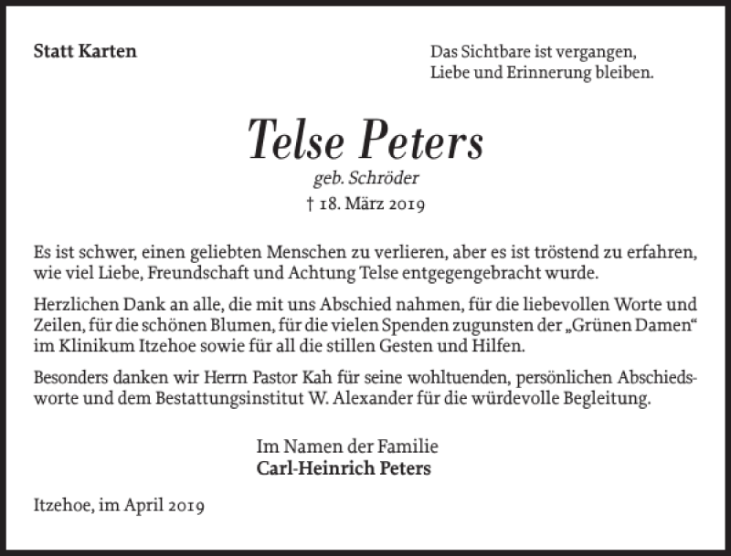  Traueranzeige für Telse Peters vom 20.04.2019 aus Norddeutsche Rundschau