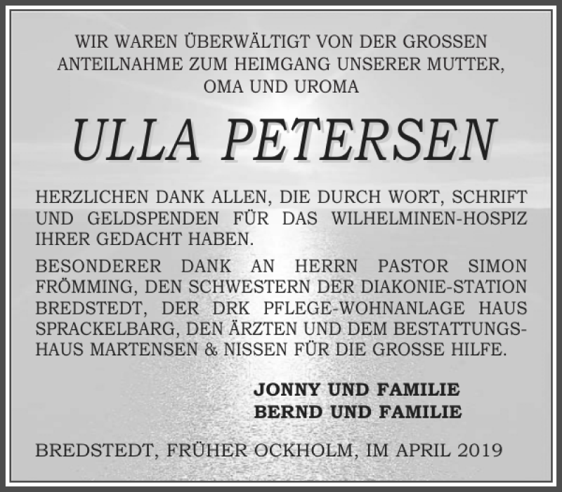  Traueranzeige für ULLA PETERSEN vom 20.04.2019 aus Husumer Nachrichten