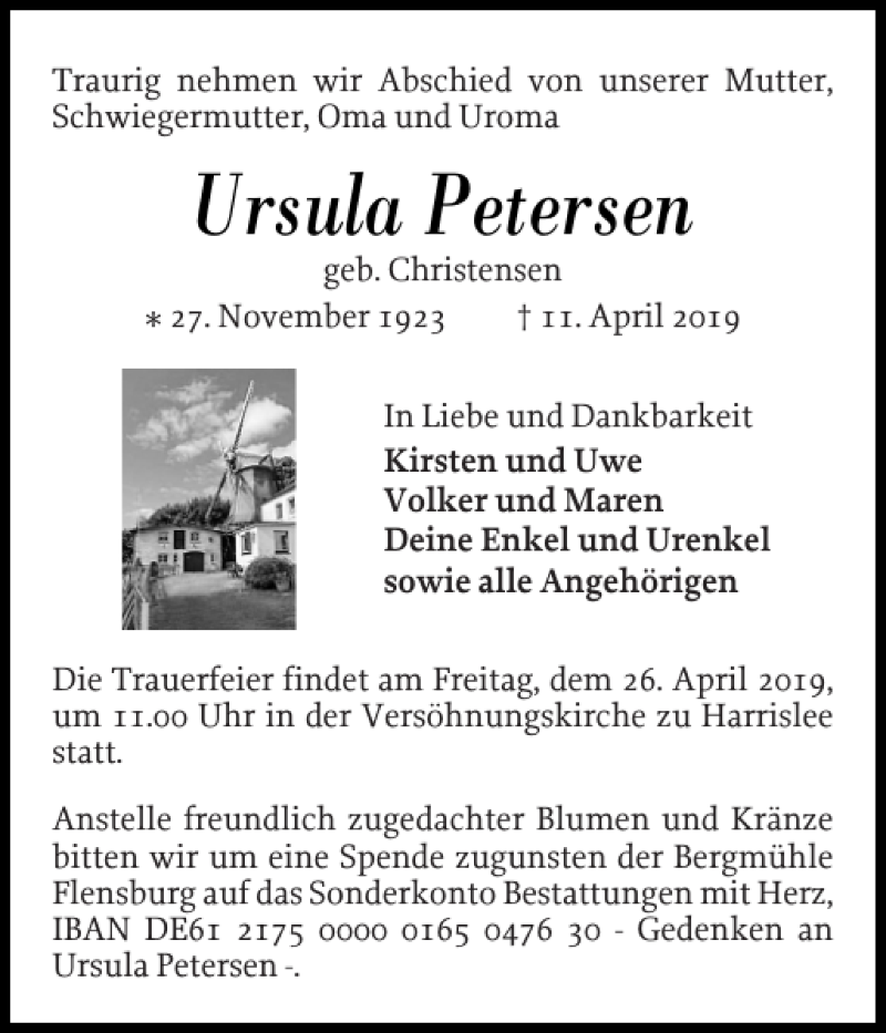  Traueranzeige für Ursula Petersen vom 20.04.2019 aus Flensburger Tageblatt