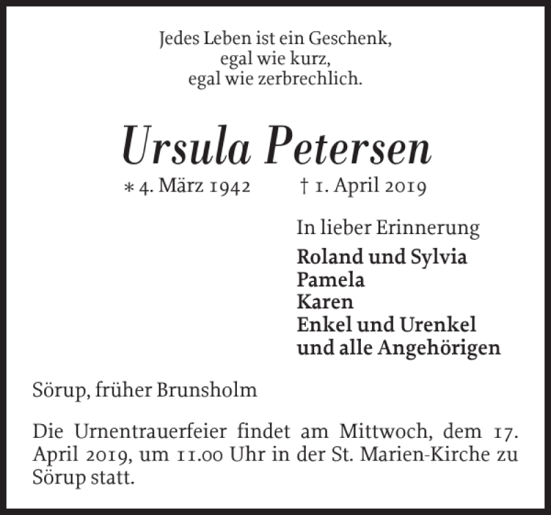  Traueranzeige für Ursula Petersen vom 13.04.2019 aus Flensburger Tageblatt