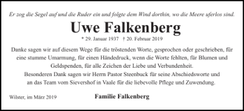 Traueranzeige von Uwe Falkenberg von Norddeutsche Rundschau