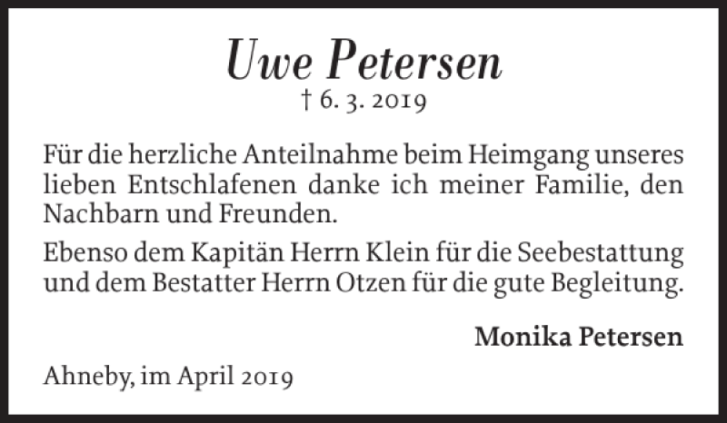  Traueranzeige für Uwe Petersen vom 06.04.2019 aus Flensburger Tageblatt