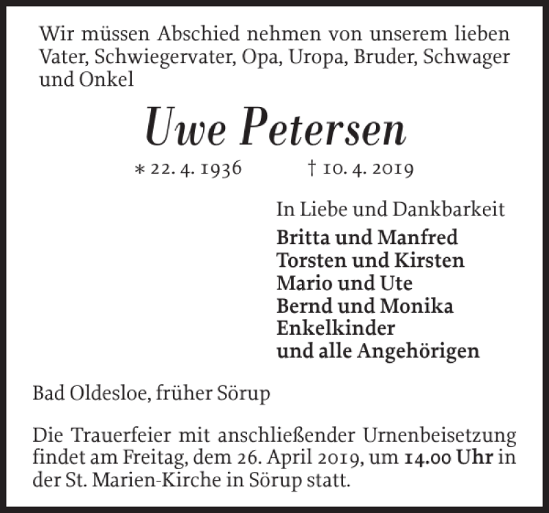 Traueranzeige für Uwe Petersen vom 20.04.2019 aus Flensburger Tageblatt