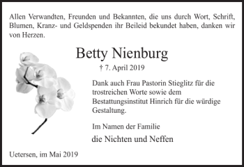 Traueranzeige von Betty Nienburg von Uetersener Nachrichten