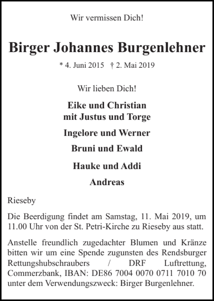  Traueranzeige für Birger Johannes Burgenlehner vom 09.05.2019 aus Schleswiger Nachrichten