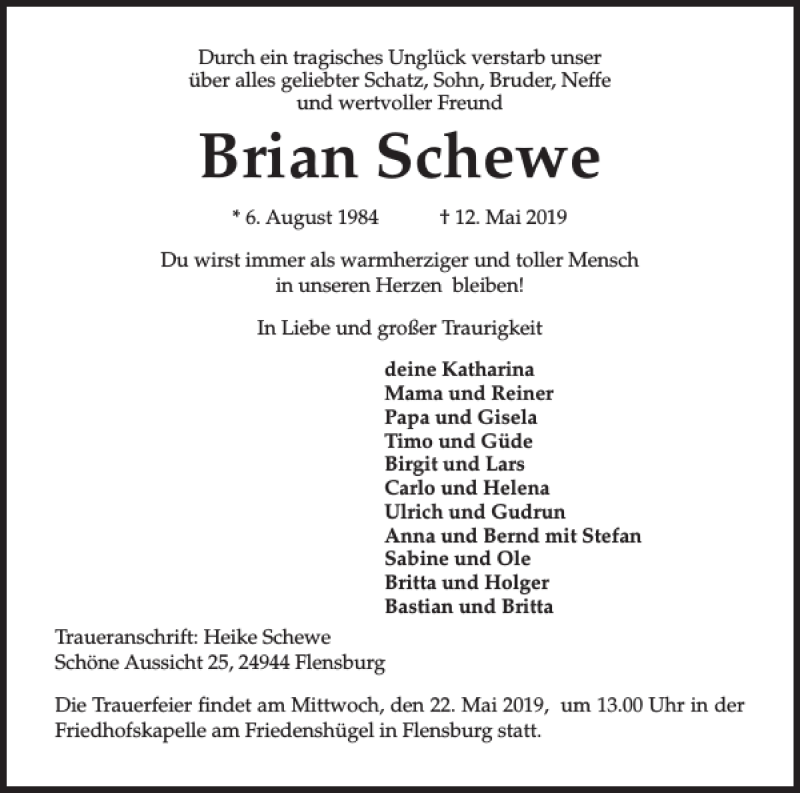  Traueranzeige für Brian Schewe vom 18.05.2019 aus Flensburger Tageblatt