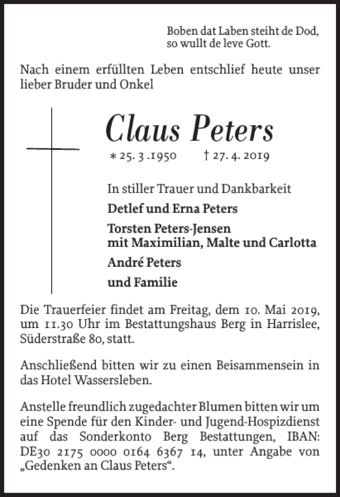  Traueranzeige für Claus Peters vom 04.05.2019 aus Flensburger Tageblatt