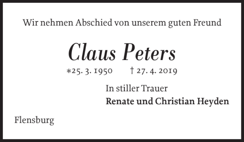  Traueranzeige für Claus Peters vom 04.05.2019 aus Flensburger Tageblatt