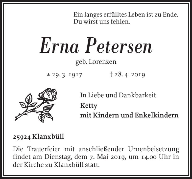 Traueranzeige für Erna Petersen vom 02.05.2019 aus Nordfriesland Tageblatt