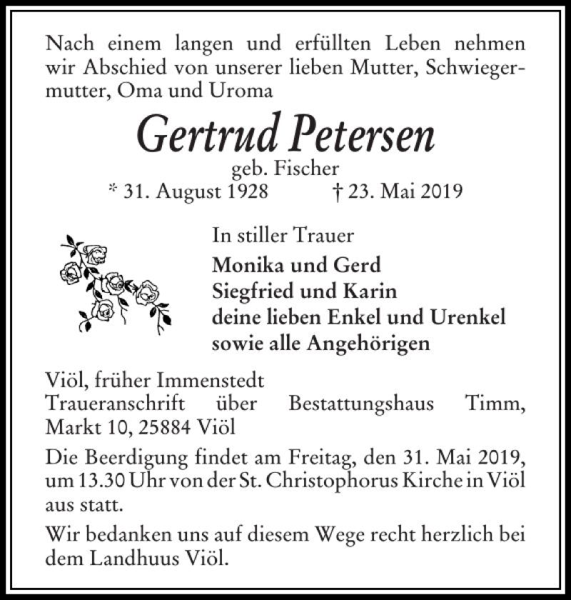  Traueranzeige für Gertrud Petersen vom 27.05.2019 aus Husumer Nachrichten