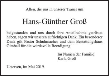 Traueranzeige von Hans-Günther Groß von Uetersener Nachrichten