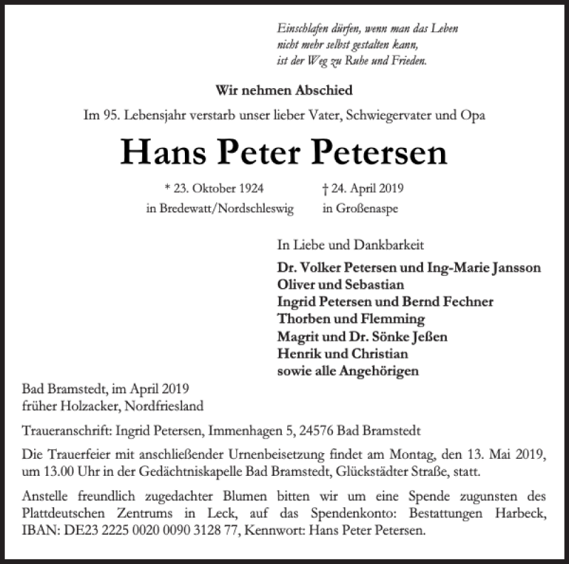  Traueranzeige für Hans Peter Petersen vom 02.05.2019 aus Nordfriesland Tageblatt
