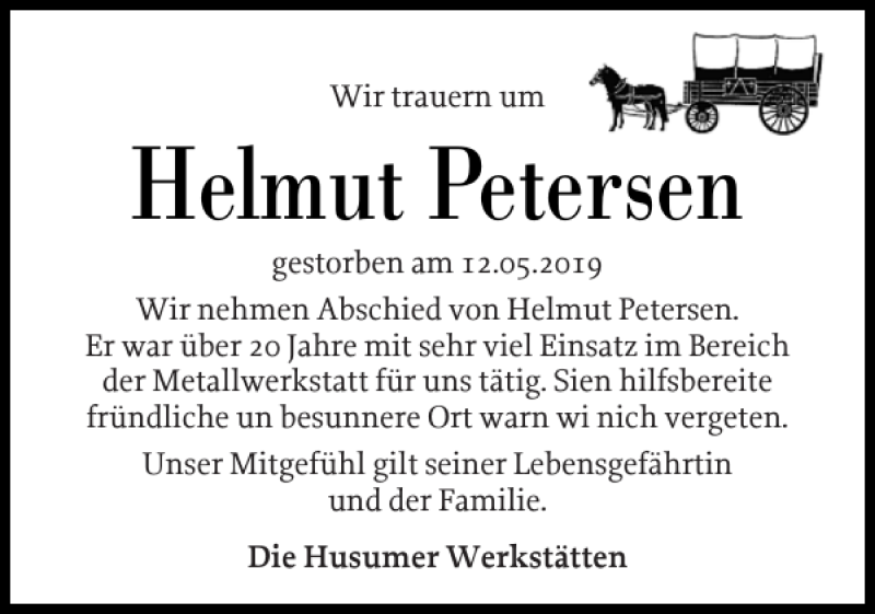  Traueranzeige für Helmut Petersen vom 21.05.2019 aus Husumer Nachrichten