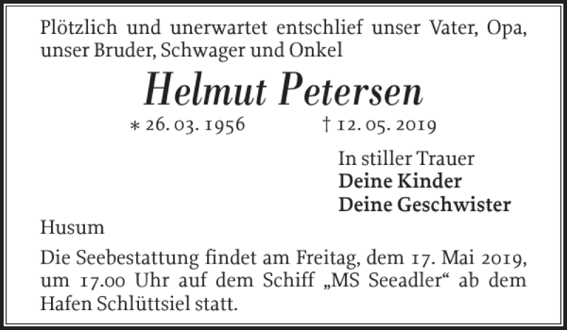  Traueranzeige für Helmut Petersen vom 16.05.2019 aus Husumer Nachrichten