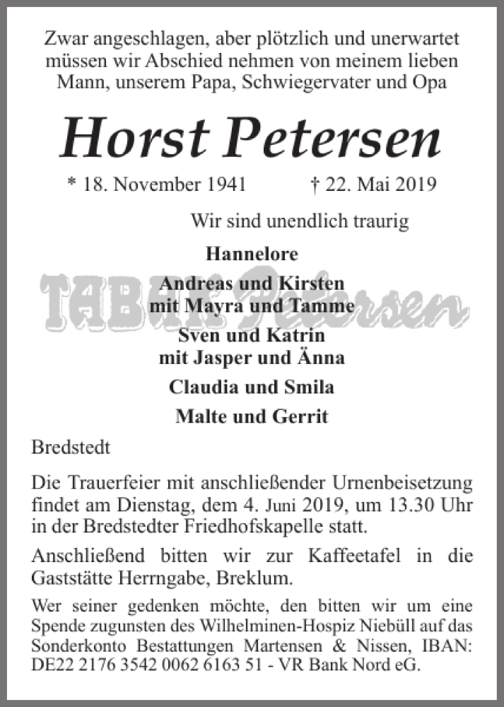  Traueranzeige für Horst Petersen vom 27.05.2019 aus Husumer Nachrichten