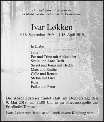 Traueranzeige von Ivar Løkken von Uetersener Nachrichten