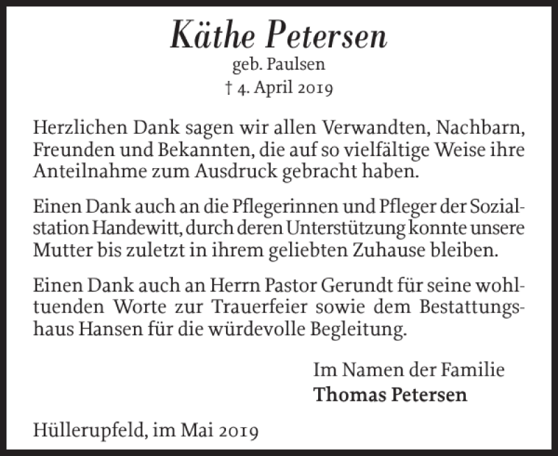  Traueranzeige für Käthe Petersen vom 11.05.2019 aus Flensburger Tageblatt