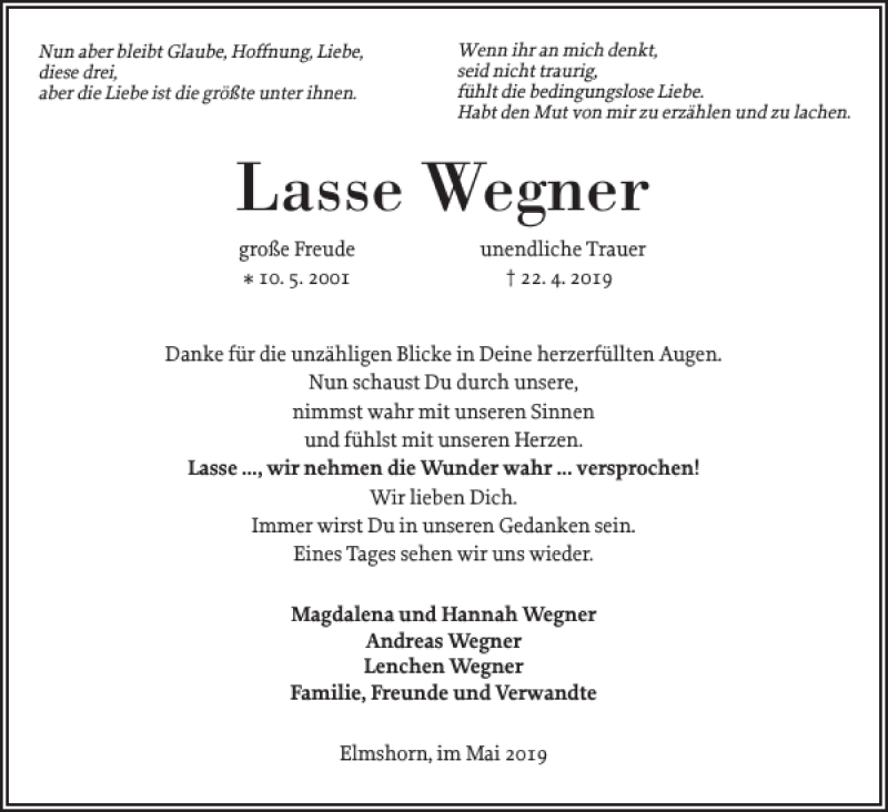  Traueranzeige für Lasse Wegner vom 04.05.2019 aus Elmshorner Nachrichten