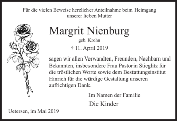 Traueranzeige von Margrit Nienburg von Uetersener Nachrichten